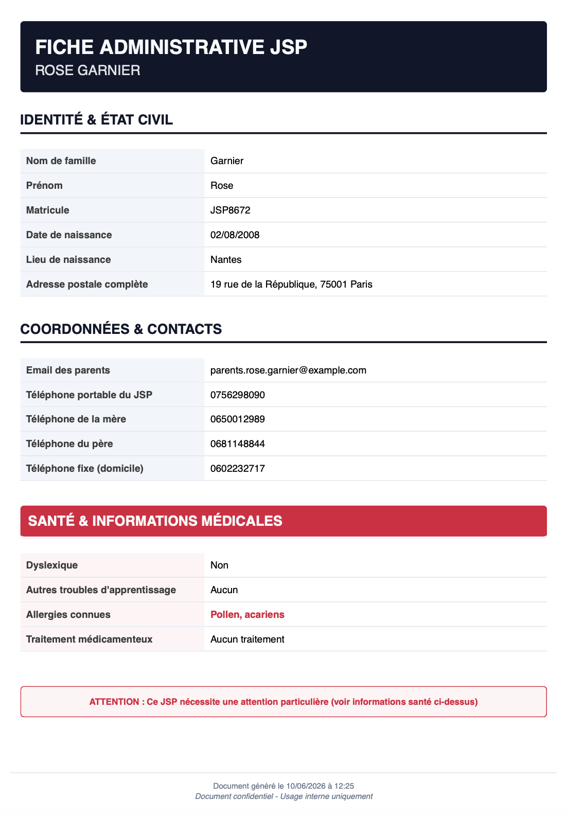 Fiche administrative individuelle en PDF